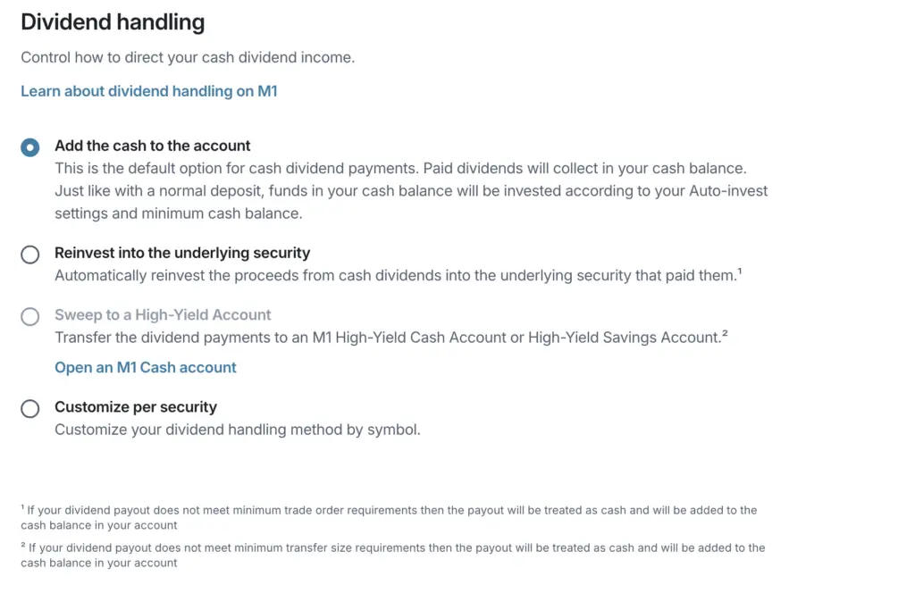 m1 finance dividend handling settings